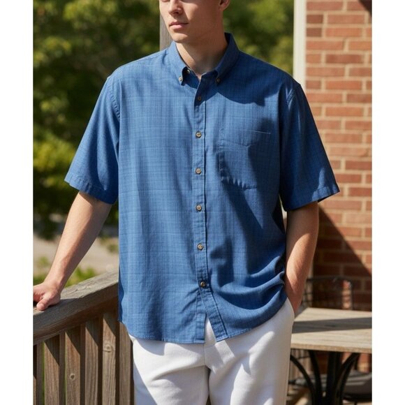 Haggar Mens XL Blue Checkered Short Sleeve Button-Down Shirt - Picture 1 of 11